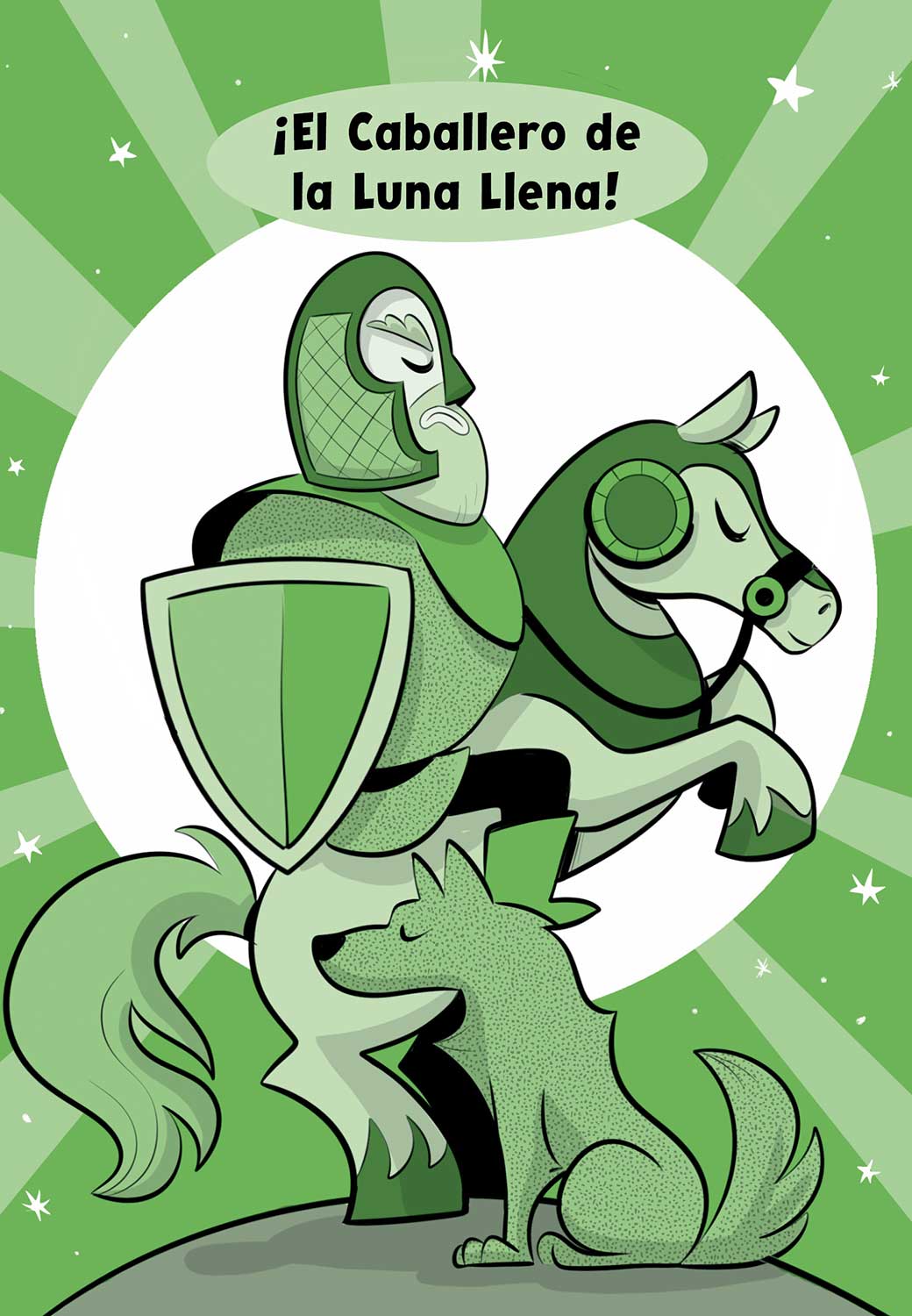 Ilustración de un caballero con armadura encima de un caballo que está levantando las patas delanteras. A su lado hay un lobo sentado mirando en dirección contraria. Tienen la luna detrás.