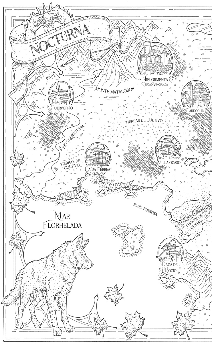 Mapa de Nocturna. En la parte de abajo hay un gran lobo ilustrado, cerca del mar Florhelada. En la otra esquina de abajo del mapa está Daga del rocío, junto al frente de guerra. Más adelante se puede encontrar la bahía espinosa, cerca de Villa Ocaso y Caída Ferrea que está al lado de las tierras de cultivo. Al lado también desemboca el río Torrentera, que pasa por cuervofrío y entre los picos sombríos y monte matalobos. Después del monte, está la Hielormenta, la ciudad vinculada. Y debajo de esta hay tierras de cultivo que separan villa ocaso del bosque escarchado, donde está Tardorlin.
