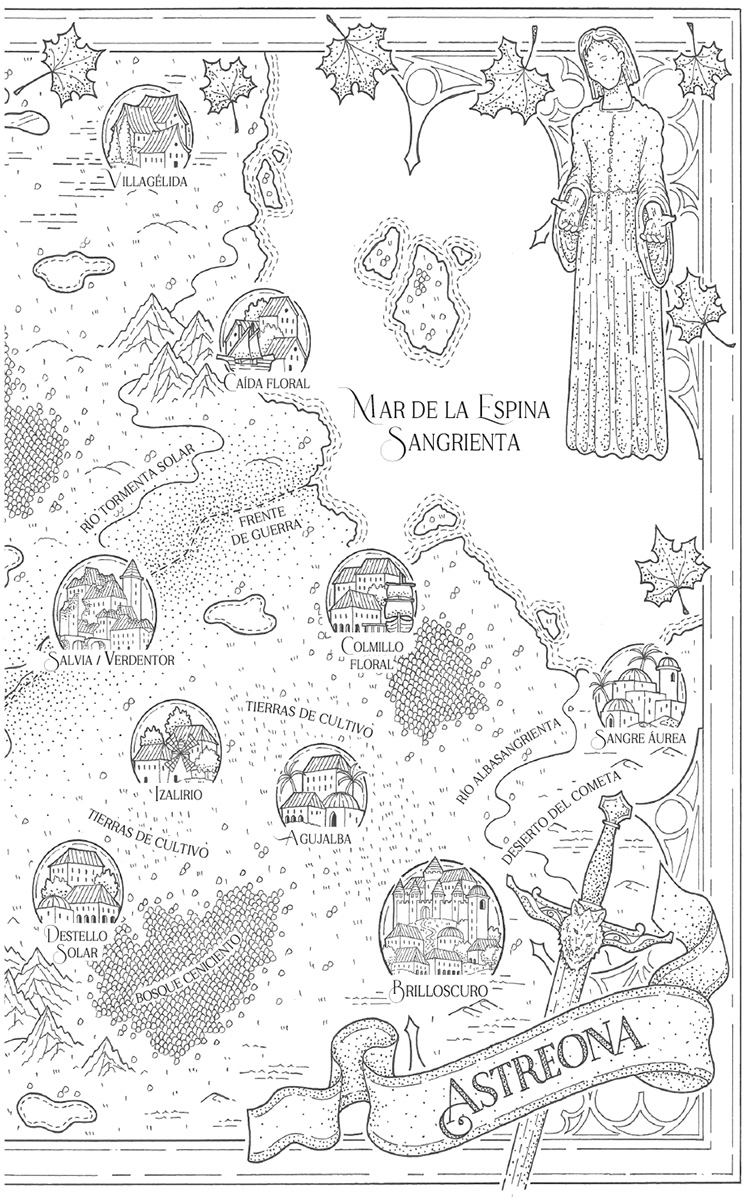 Continuación del mapa anterior, con la zona de Astreona. Hay una espada con un lobo ilustrada debajo del título. En la parte de arriba hay ilustrada una estatua de una persona que alza las manos hacia adelante, mostrándolas y tiene la cabeza baja. Está en la zona del mar de la Espina Sangrienta. En la parte de arriba de la costa hay Villagélida y  a continuación la Caída Floral. Más adelante está el frente de guerra, con el río tormenta solar por encima y Salvia o Verdentor. Más adelante, en la costa, está Colmillo floral y encima de este hay tierras de cultivo que rodean a Izalirio y Agujalba. Al final de las tierras de cultivo está Destello solar, junto al bosque ceniciento. Y en el otro extremo de las tierras hay Brilloscuro que está junto al río albasangrienta, que a su turno separa las tierras de cultivo del desierto del cometa, en el que está Sangre Áurea junto a la costa. 
