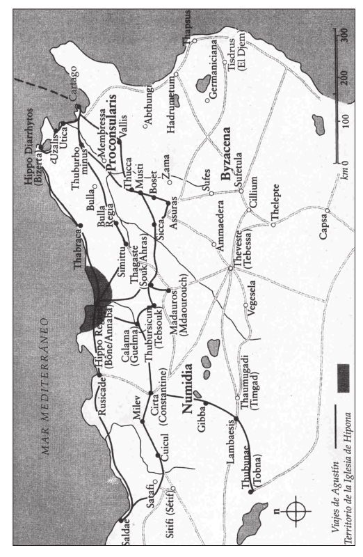 Mapa de la zona sur del anterior, en el que aparece todo el norte de África, desde cartago, esta vez al norte, hasta Numidia, pasando por diferentes puntos de interés.