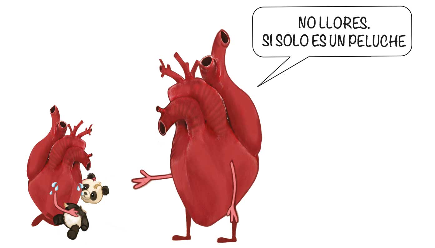 Ilustración de un corazón grande diciéndole a uno pequeño que está llorando con un peluche roto en las manos «NO LLORES. SI SOLO ES UN PELUCHE.».