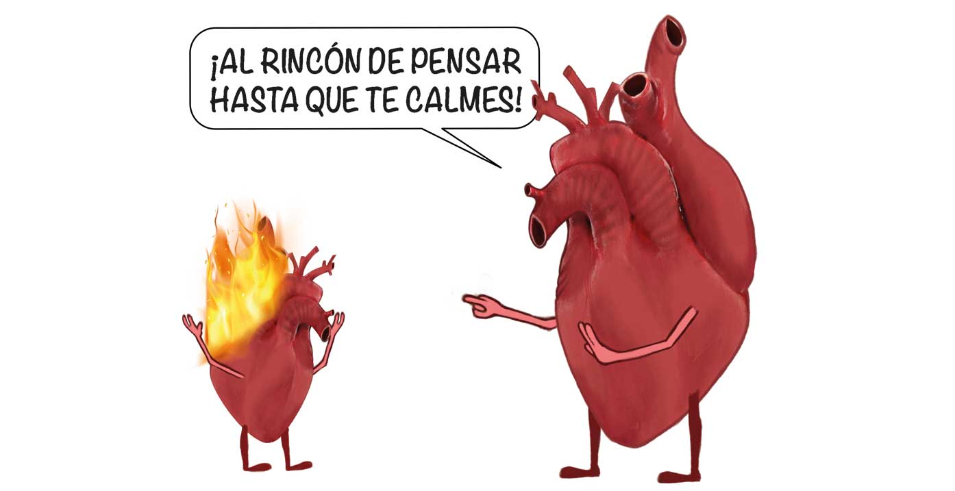 Ilustración de un corazón pequeño en llamas ante uno más grande que le dice «¡AL RINCÓN DE PENSAR HASTA QUE TE CALMES!».