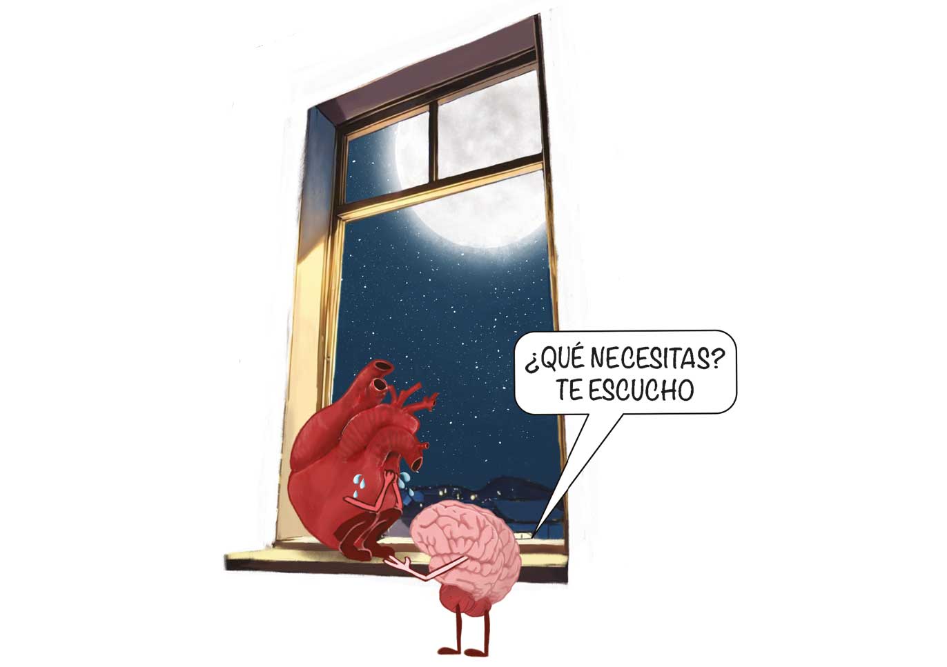 Ilustración de un corazón sentado en el alféizar de una ventana bajo la luna llena y llorando. Un cerebro le dice «¿QUÉ NECESITAS? TE ESCUCHO».