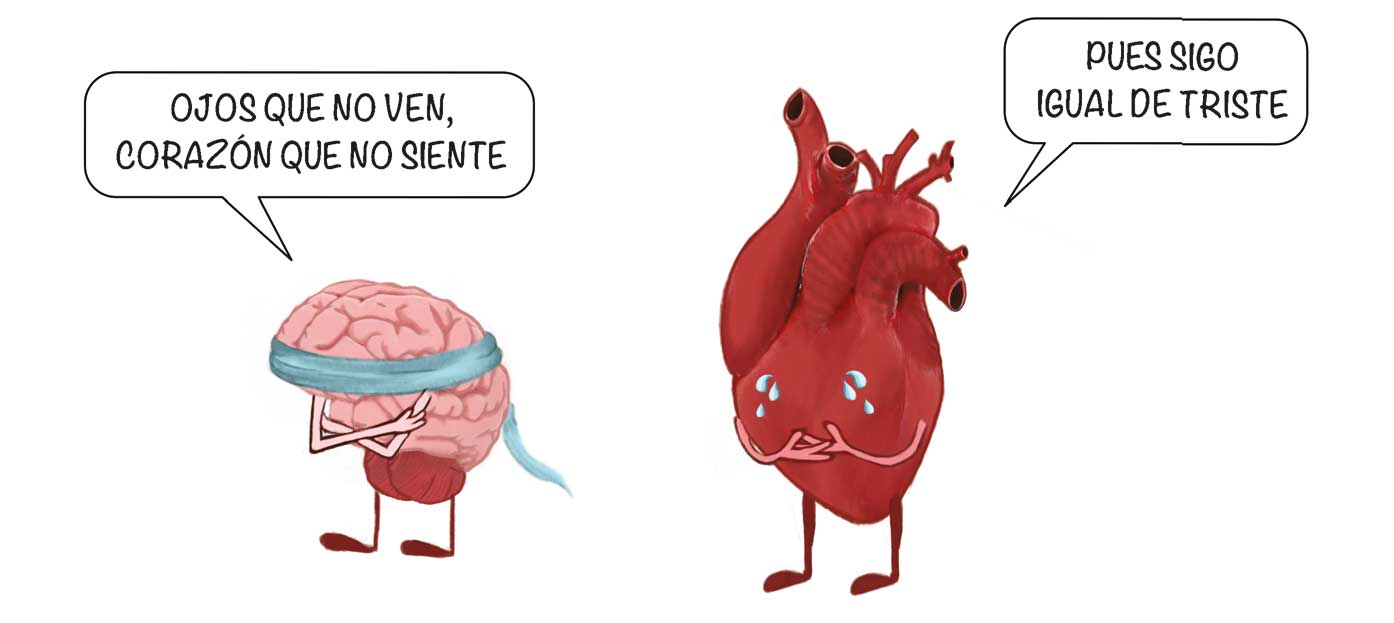 Ilustración de un cerebro con una venda en los ojos que le dice a un corazón que llora «OJOS QUE NO VEN, CORAZÓN QUE NO SIENTE». El corazón le responde «PUES SIGO IGUAL DE TRISTE.».