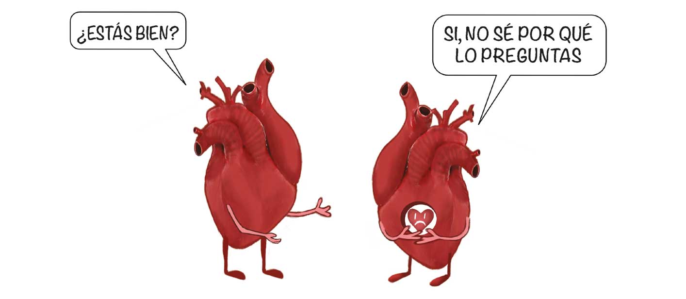 Ilustración de un corazón diciéndole a otro que tiene un botón en el centro con un pequeño corazón con una carita triste «¿ESTÁS BIEN?» y el otro e responde «SI, NO SÉ POR QUÉ LO PREGUNTAS».