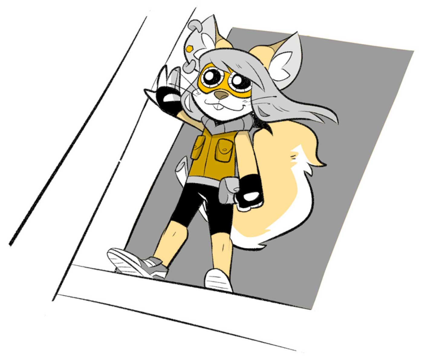 Ilustración de una ardilla con antifaz en el alféizar de una puerta. 