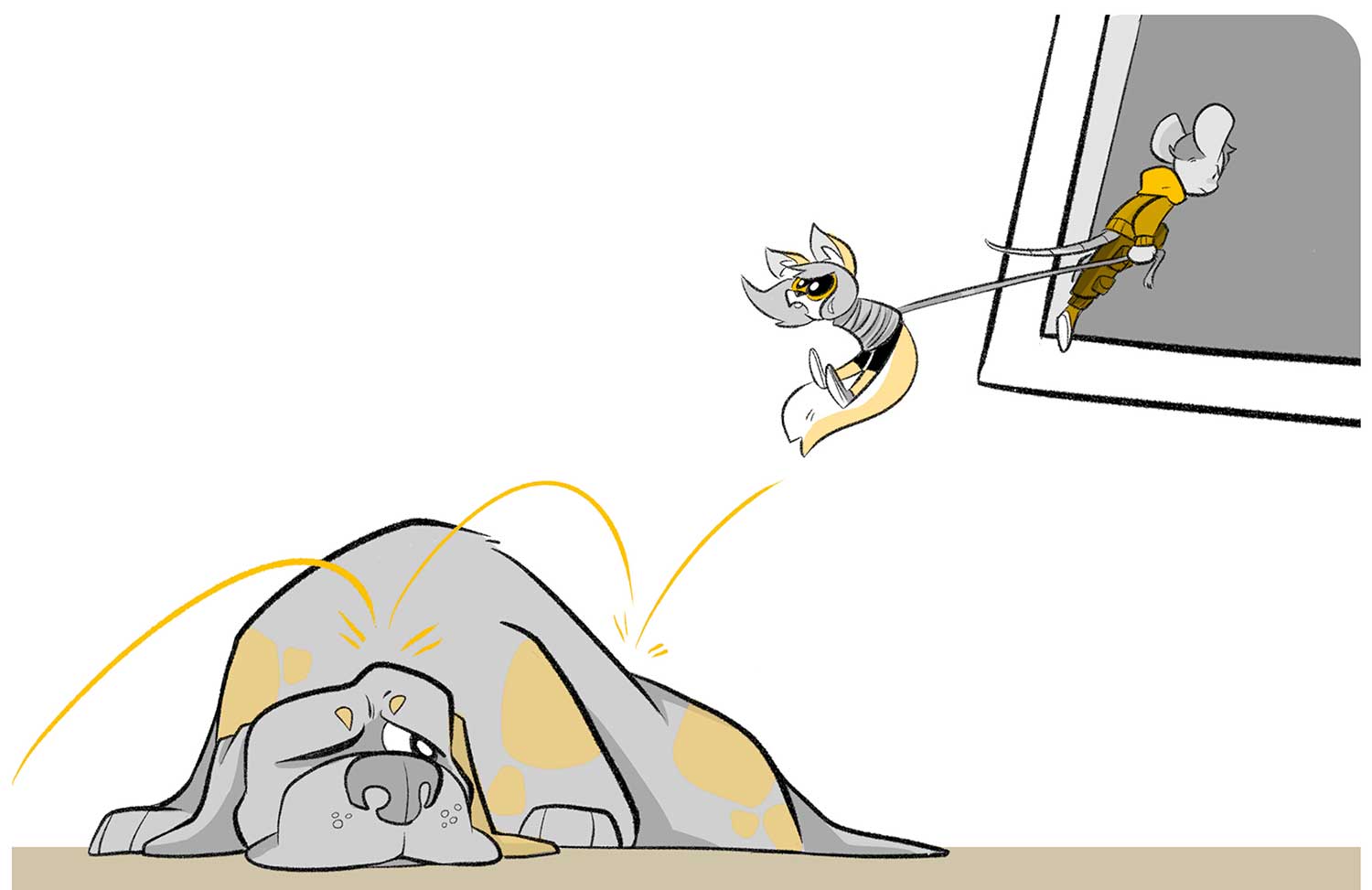 Ilustración de un ratón arrastrando a una ardilla atada con una cuerda por una ventana. Hay un perro en el suelo con un ojo abierto y el otro cerrado mirándolos.