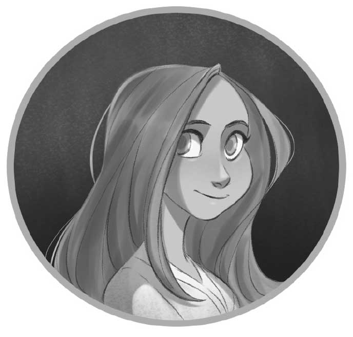 Il·lustració d’una noia amb els ulls grans, mig somriure i el cabell llarg i llis.